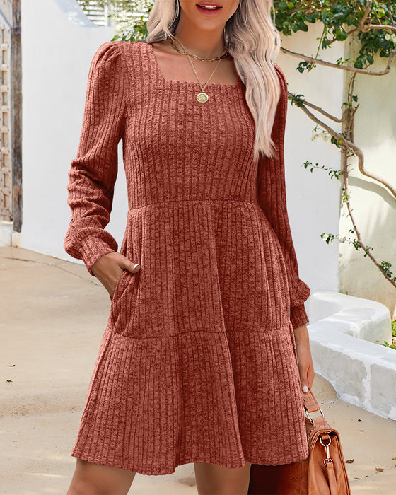 🍂2025 Herbst Neue Kollektion⏰ Damenkleid mit Quadrat-Ausschnitt, Laternenärmeln und Rippstruktur