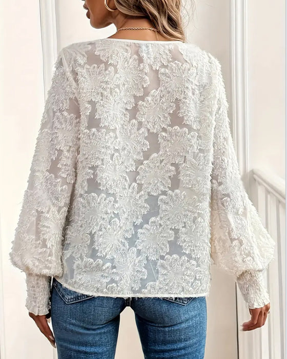 Bluse Laternenärmel Elegant V-Ausschnitt