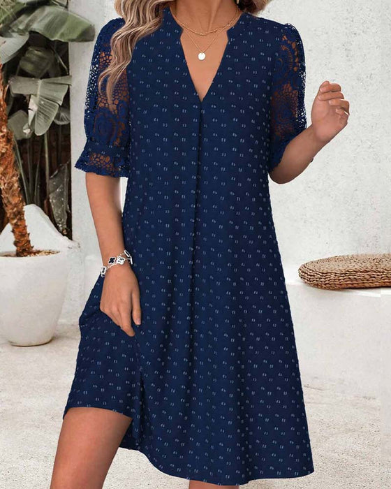 Kleid V-Ausschnitt Druck Spitze Patchwork A-Linie
