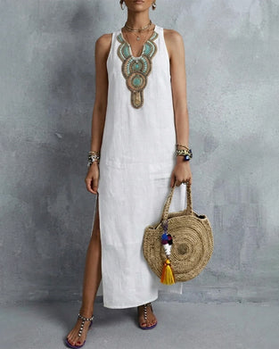 Kleid Ärmellos V-Ausschnitt Bohemian Lang
