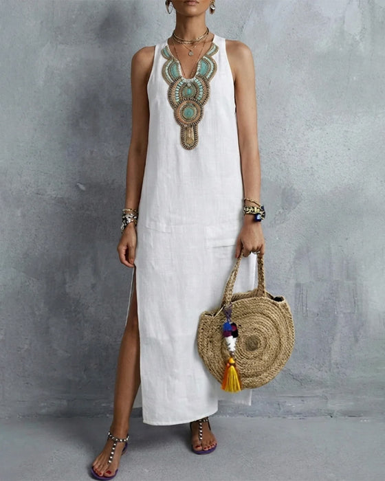 Kleid Ärmellos V-Ausschnitt Bohemian Lang