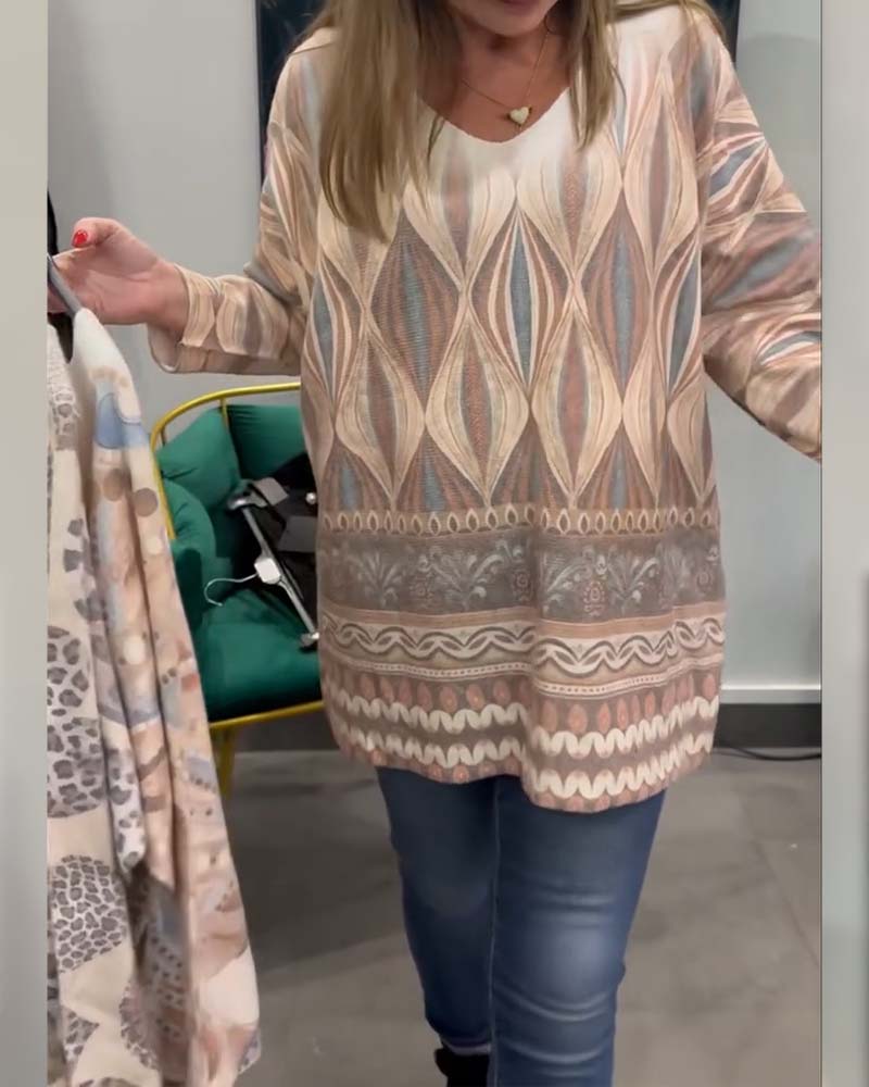 Top geometrischer Diamantdruck langärmlig V-Ausschnitt