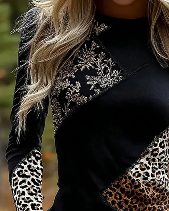 Oberteil Rundhals Leopard Patchwork Langarm