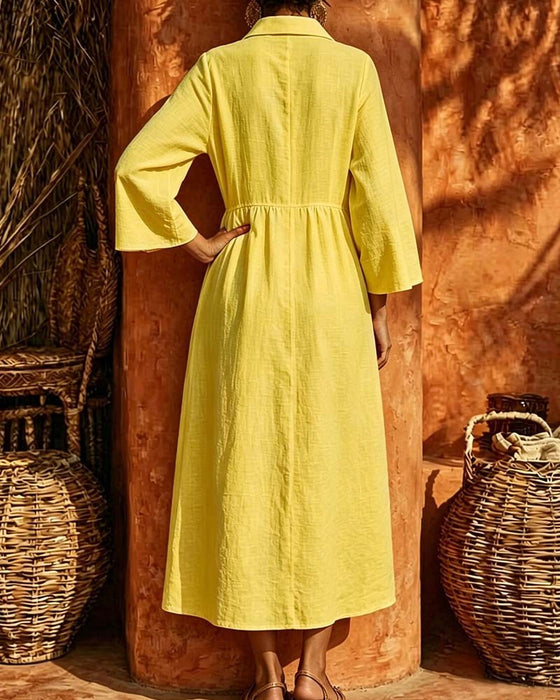 Kleid Hemdkragen Gerafft Langarm