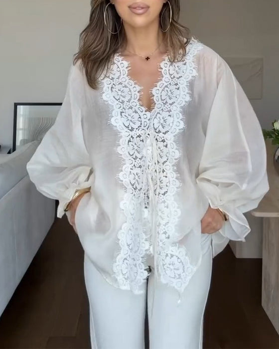 Bluse V-Ausschnitt Spitze Panel Rüsche