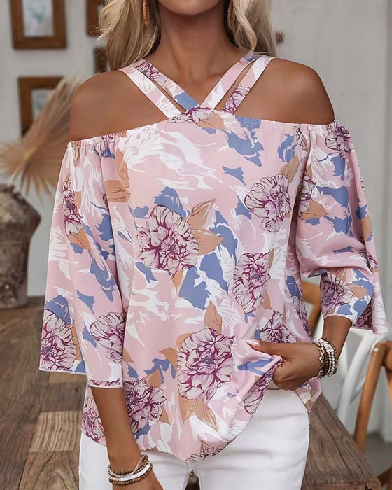Bluse Blumen Kreuz Off-Shoulder