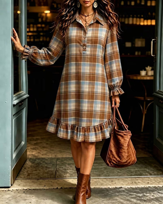 Kleid Revers Knopf Kariert