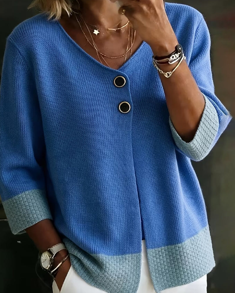 Strickjacke Kontrastfarbe V-Ausschnitt Zwei-Knopf