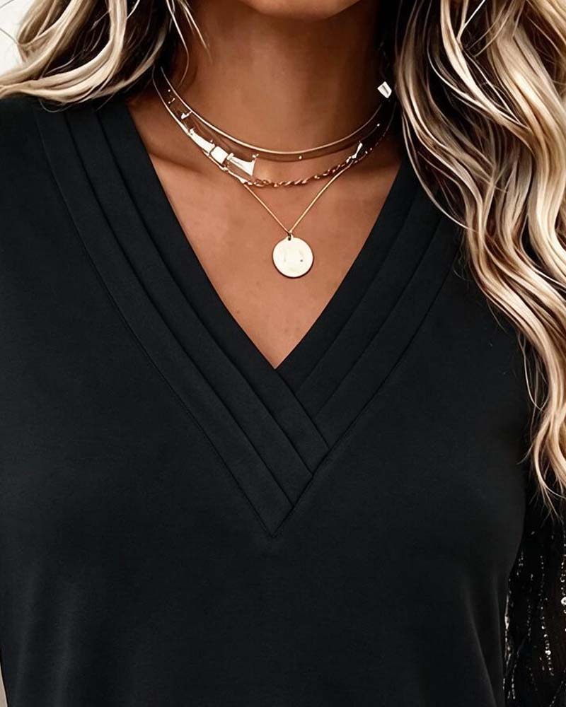 Top V-Ausschnitt Mesh Langarm Patchwork