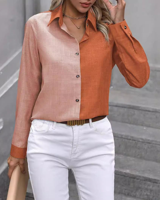 Bluse Mit Einreihigem Knopf Und Farbblock Kragen