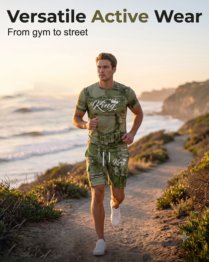 Herren-Set Mit Rundhals-Monogramm-T-Shirt Und Kordelzug-Shorts