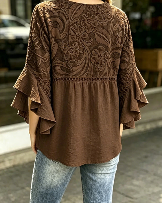 Bluse Vintage Blumenprint Asymmetrischer Rüschenärmel