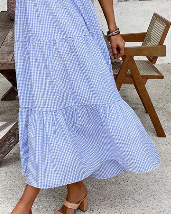 Kleid Blau Weiß Gingham V-Ausschnitt