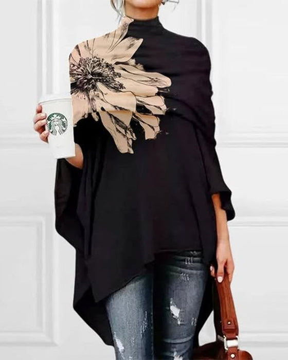 T-Shirt Mit Blumenmuster, Hohem Ausschnitt Und Asymmetrisch Merkmalen