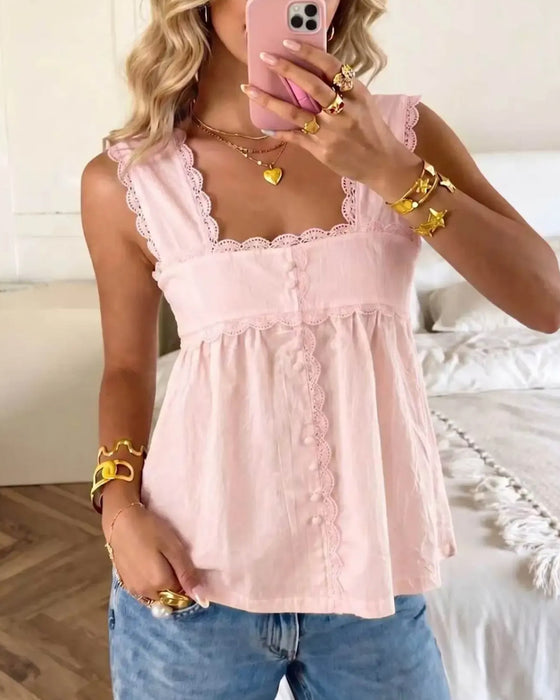 Tank Top Einfarbig Quadratischer Ausschnitt Spitze