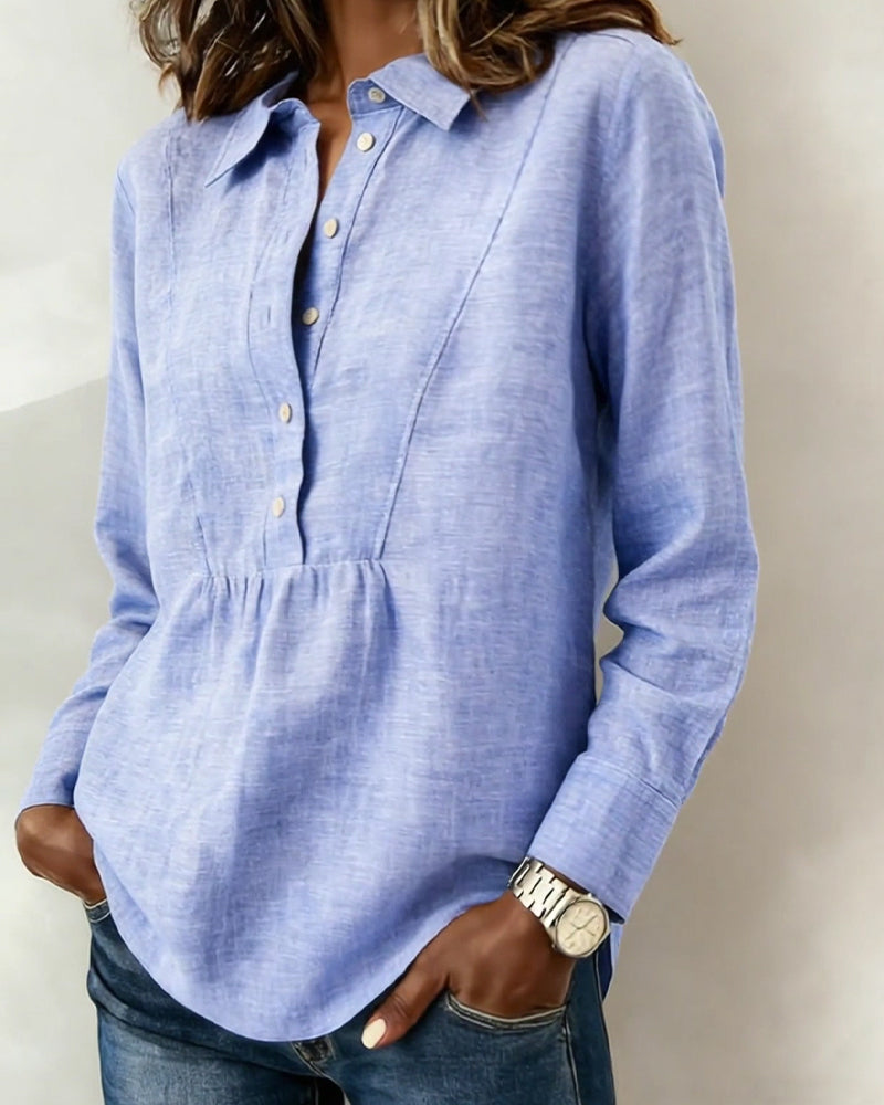 Bluse Geknöpft Revers Baumwolle Leinen