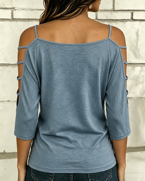 T-Shirt Uni Farbe Ellenbogenlang Ärmel Off-Shoulder