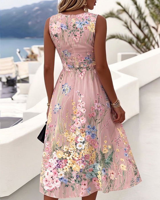 Kleid Ärmellos Blumenprint Taillenbetonend