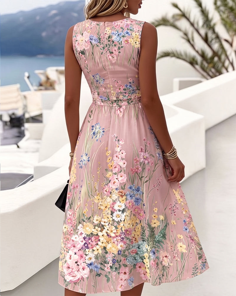 Kleid Ärmellos Blumenprint Taillenbetonend