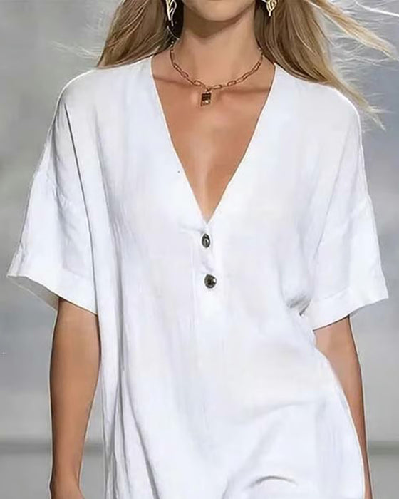 Kleid Minimalistisch V-Ausschnitt Knopf