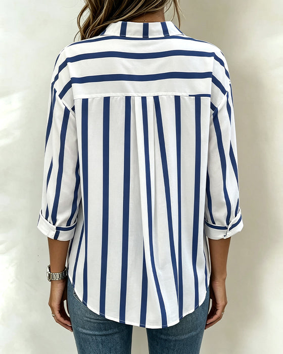Bluse Revers Gestreift Knopfleiste