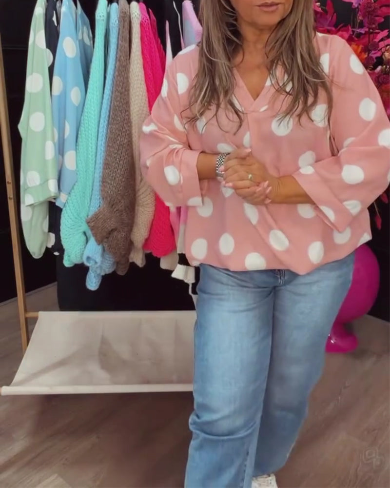Bluse V-Ausschnitt Gepunktet Locker