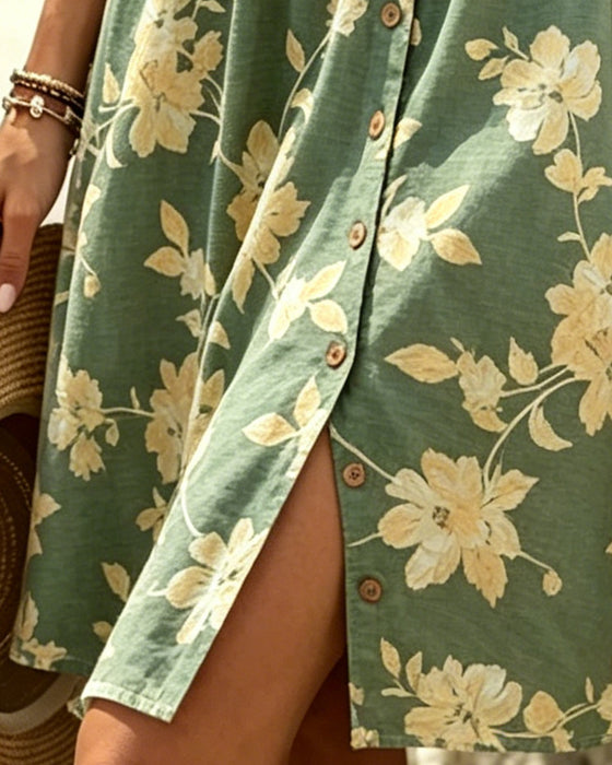 Kleid Rundhals Ärmellos Knopf Blumen