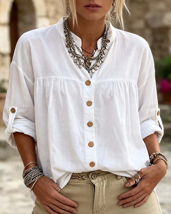 Bluse Mit Stehkragen Langarm Unifarbe Knopfleiste