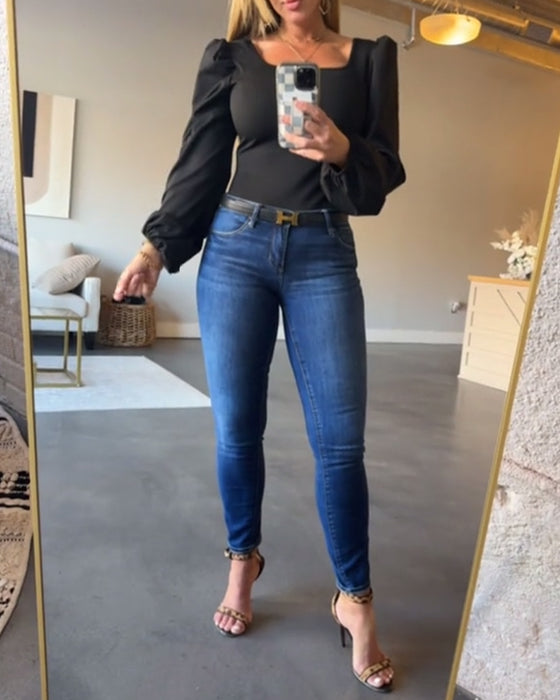 Bluse Puffärmel Eckenkragen Splice