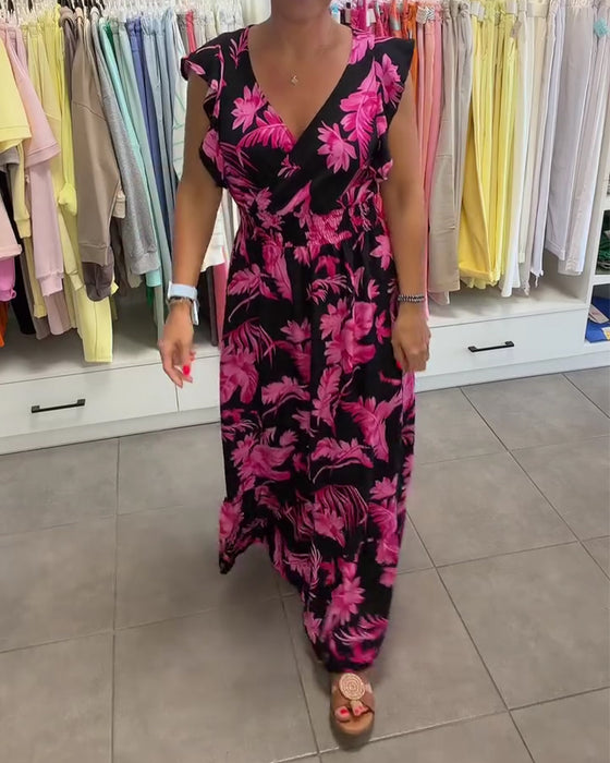 Kleid Tropisch Blumig V-Ausschnitt Figurbetonte Taille Lang