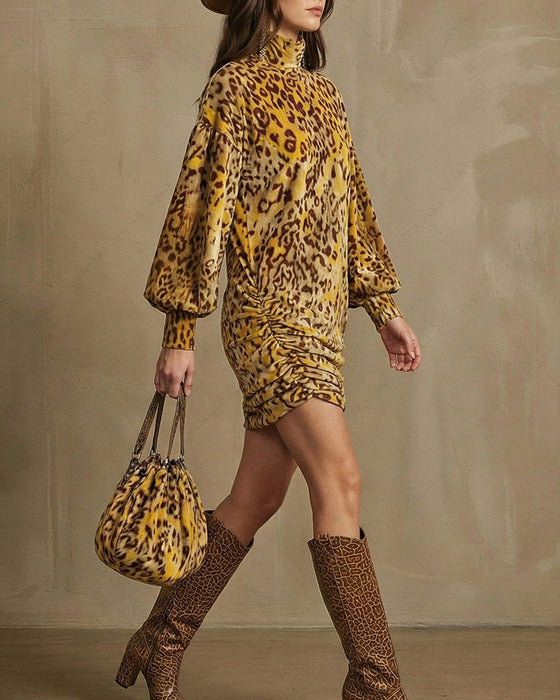 Kleid Hoher Hals Leopard Laternenärmel Elegant