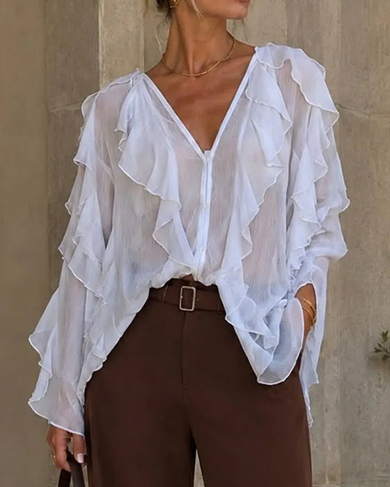 Bluse V-Ausschnitt Rüsche Locker