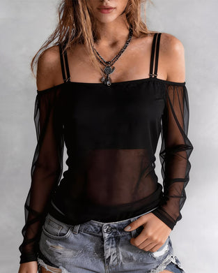 T-Shirt Spaghettiträger Off-Shoulder Sheer