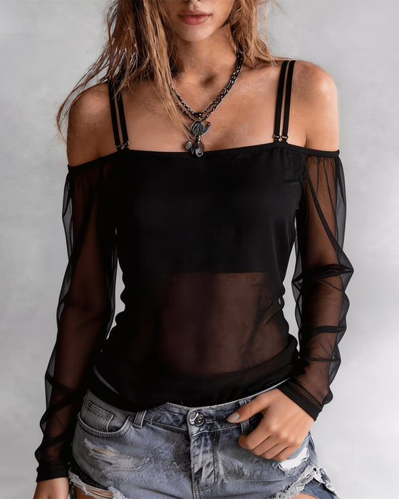 T-Shirt Spaghettiträger Off-Shoulder Sheer