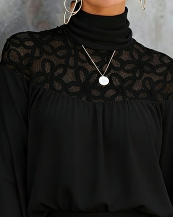 Kleid hoher Ausschnitt spitzenbesetzt Mode