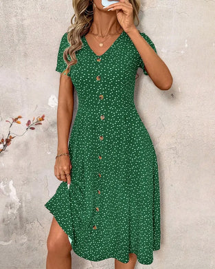 Bedrucktes Kleid Mit V-Ausschnitt Und Kurzen Ärmeln