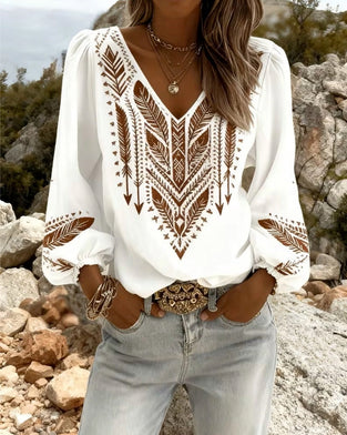 Bluse Puffärmel V-Ausschnitt Weite Passform