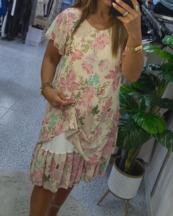 Kleid Rundhals Blumig Doppelte Schicht