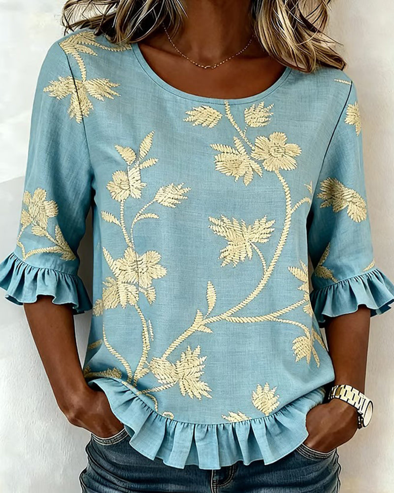 Bluse Jasmin Rüsche Rundhalsausschnitt Halblanger Ärmel