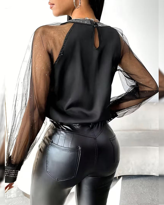 Bluse Heiß Strass Mesh Langarm Modisch