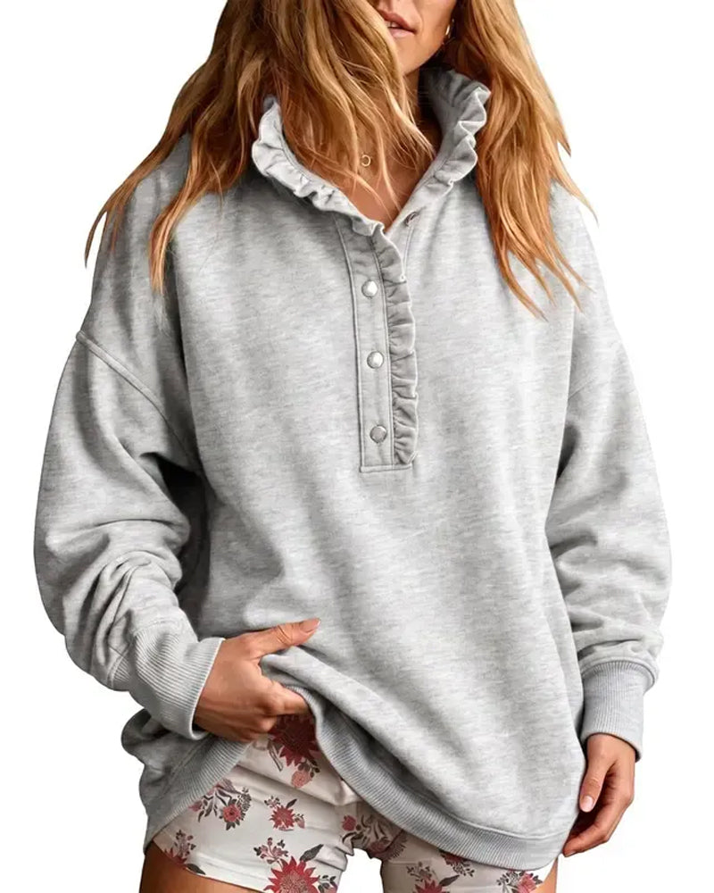 Sweatshirt Rüsche Geknöpft Langarm Locker
