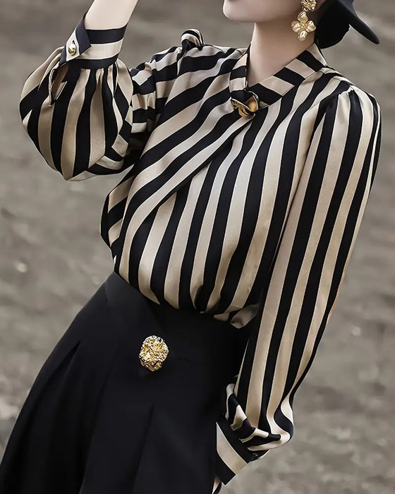 Bluse Drapierung Stehkragen gestreift