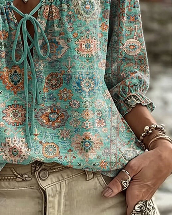 Bluse V-Ausschnitt Bindung Vintage Print