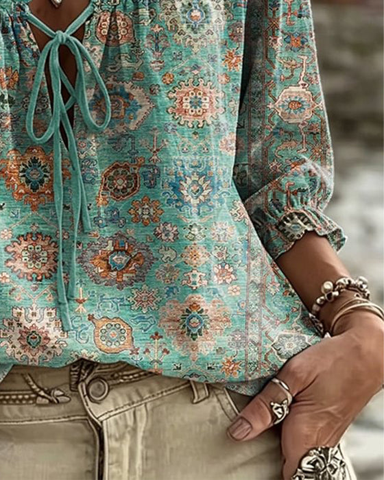 Bluse V-Ausschnitt Bindung Vintage Print