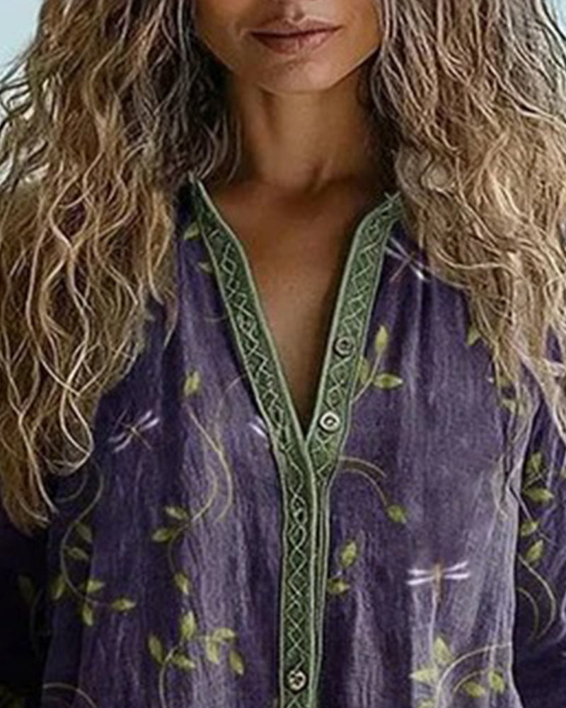 Bluse Libelle Stickerei V-Ausschnitt