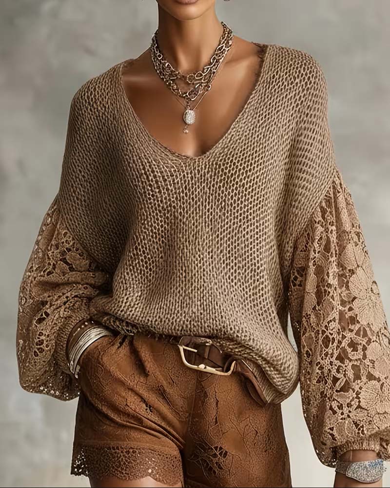 Pullover Spitze Cut-Out Patchwork Laternenärmel