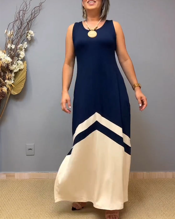 Kleid Ärmellos Kontrast Farbe Schlitz Lang