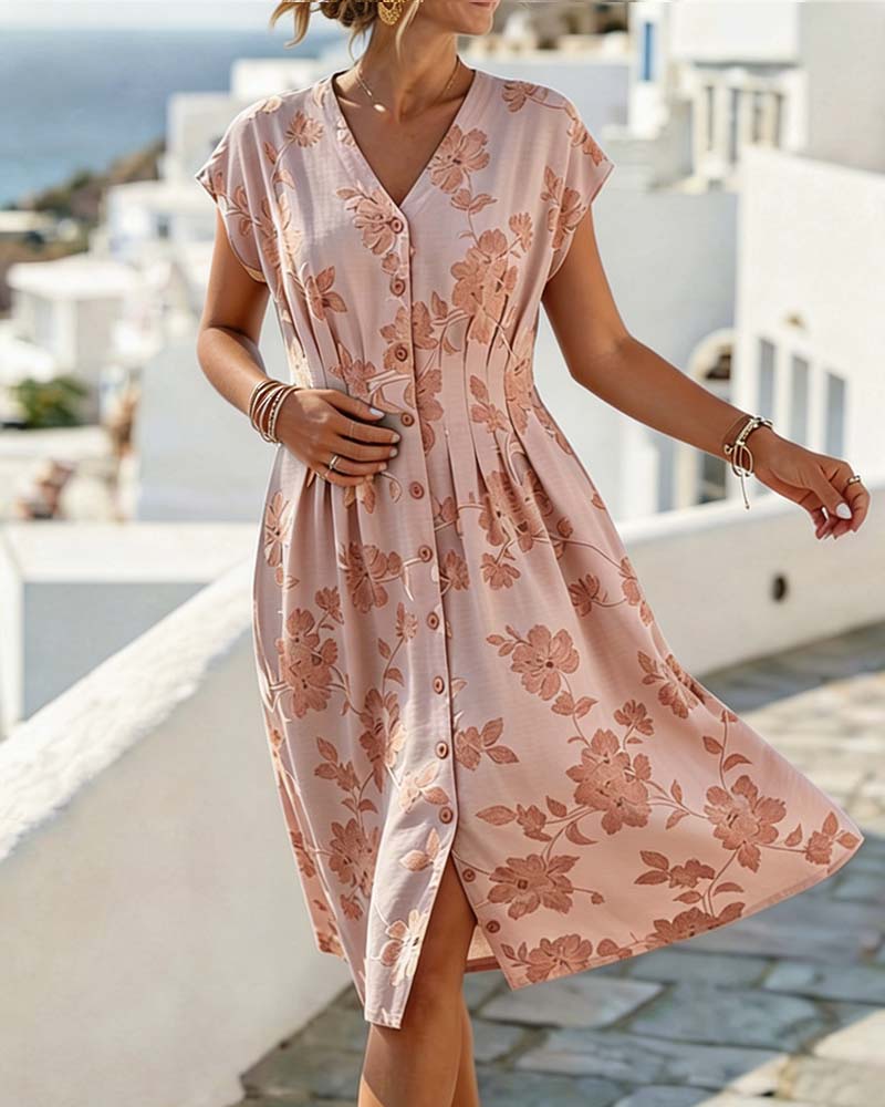Kleid V-Ausschnitt Print Tailliert Knopfleiste