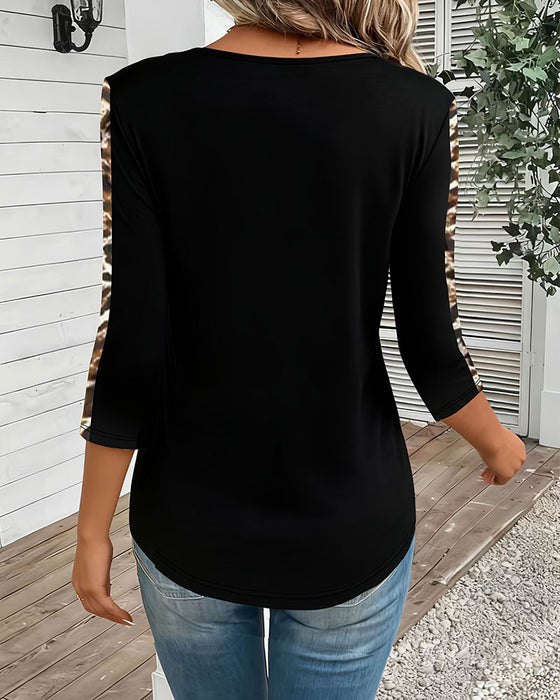 T-Shirt Langarm V-Ausschnitt Leopard Patchwork
