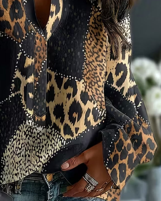 Bluse Mini Mandarin Kragen Leopard Panel Locker